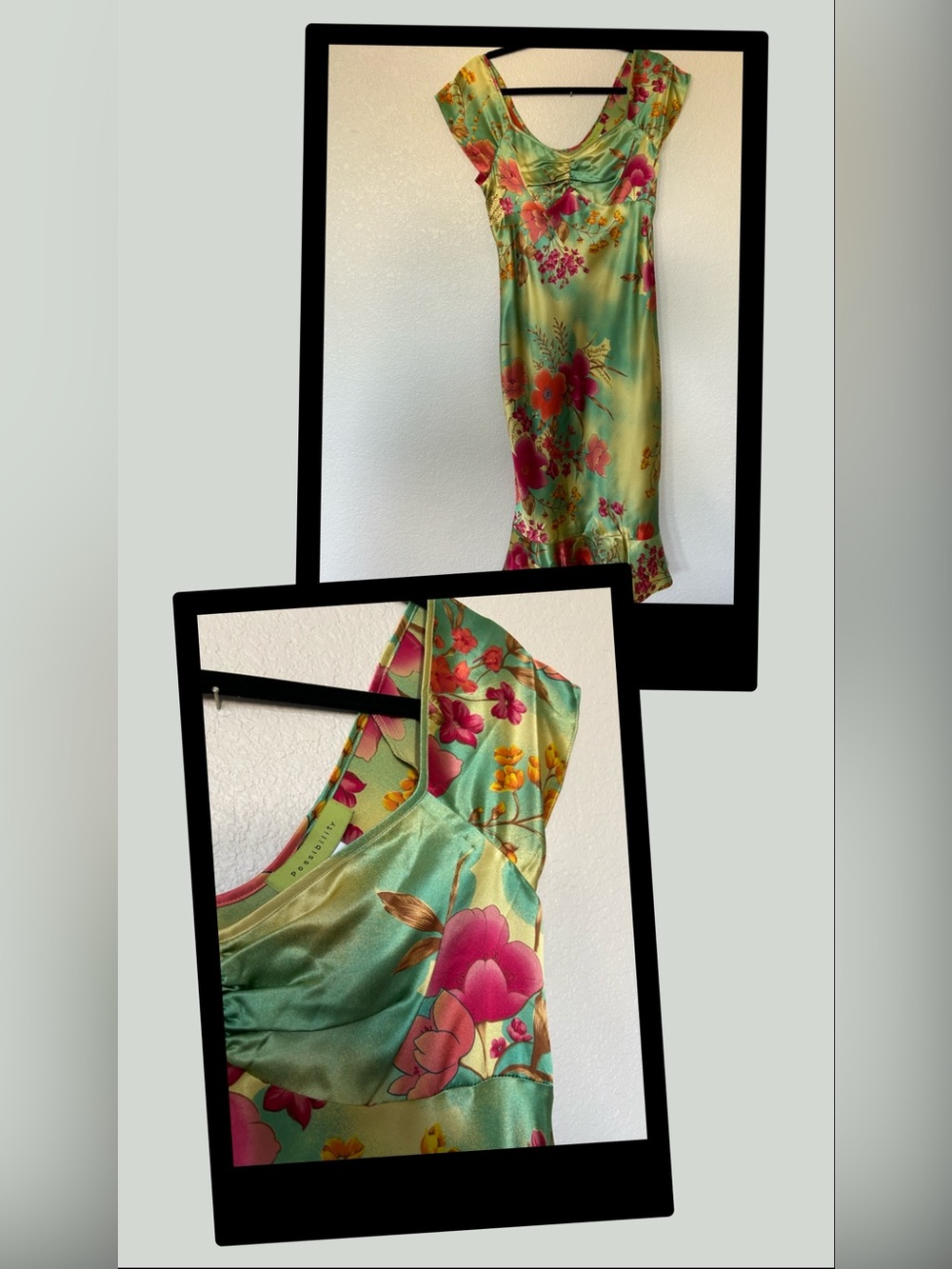 Anthropologie Possibility midi dress L Chic slinky silk floral Flutter hem LNWOT
